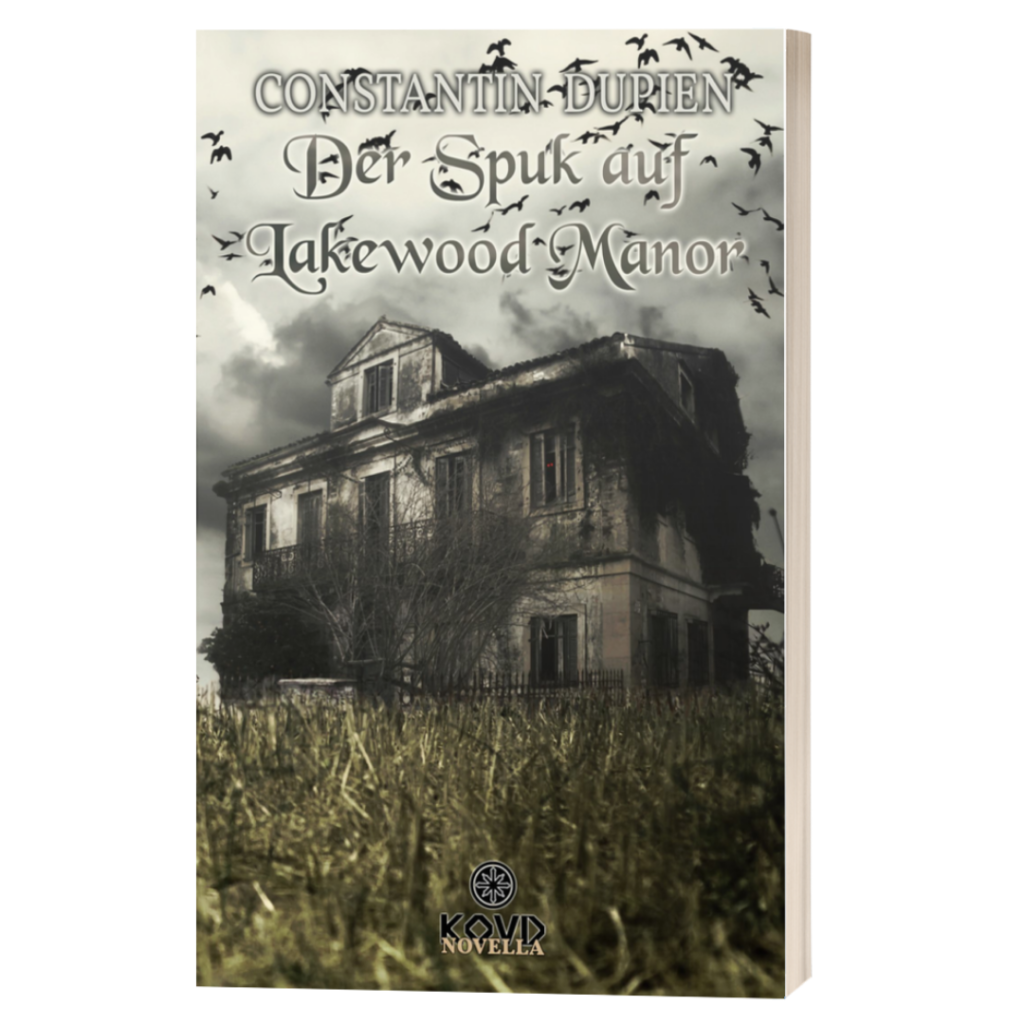 Das Buchvover meiner Novelle "Der Spuk auf Lakewood Manor". Passend zum Genre Detektivgeschicht trifft Gruselerzählung ist auf dem Bild ein altes, zerfallenes Herrenhaus zu erkennen, im Vordergrund eine hochgewachsene Wiese.